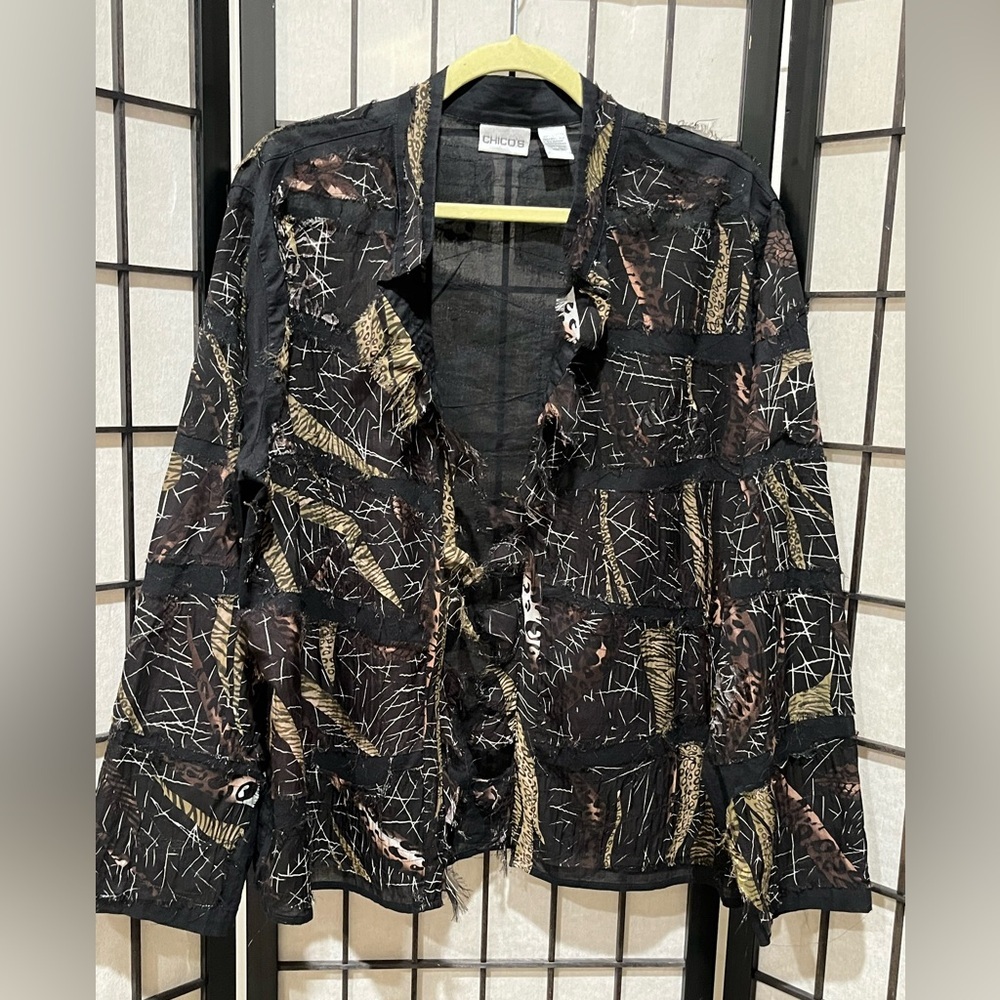 Chico's Elegant Black Cotton/SILK Blend WHISPY TATTERED UNIQUE JACKET SIZE 3(16) - Picture 9 of 12